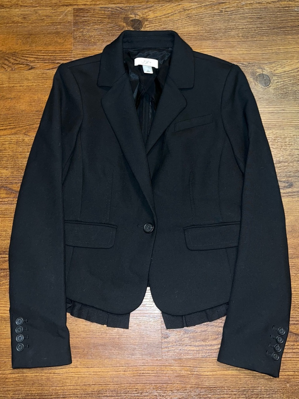 LOFT Black Ruffle Trim Single Button Blazer Jacket Office Career Chic Size 2